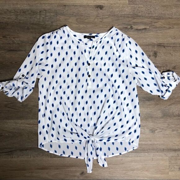 Antilia Femme Blouse, white with blue printed pattern, ties in front Size M - Picture 1 of 5